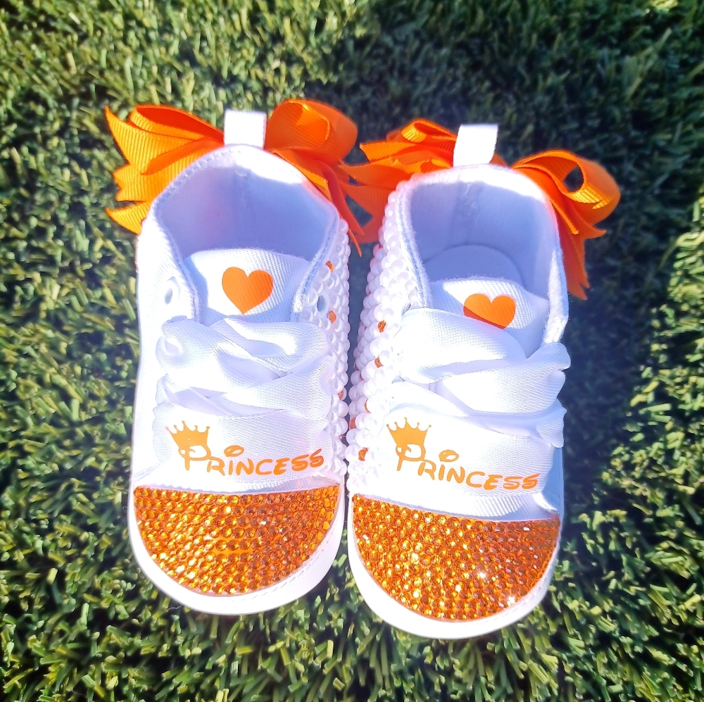 Orange Princess Embellished Baby Shoes with bow: OTHER COLORS AVAIL. BY REQUEST - Picture 2 of 6